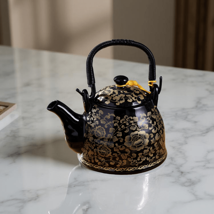 tiger lily tea 800ml Black & Gold Floral Ceramic Teapot – With Stainless Steel Infuser
