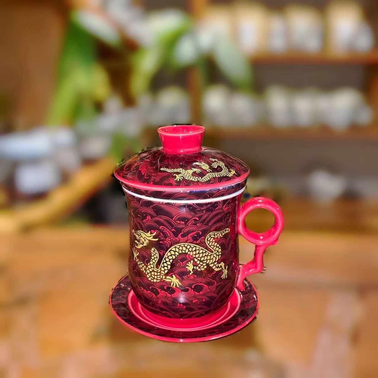 Golden Dragon Porcelain Red Cup