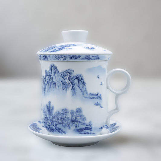 White ceramic teacup with blue landscape design on a white background