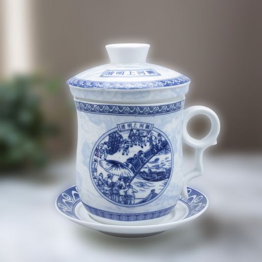 White ceramic teapot with blue intricate patterns on a white surface.