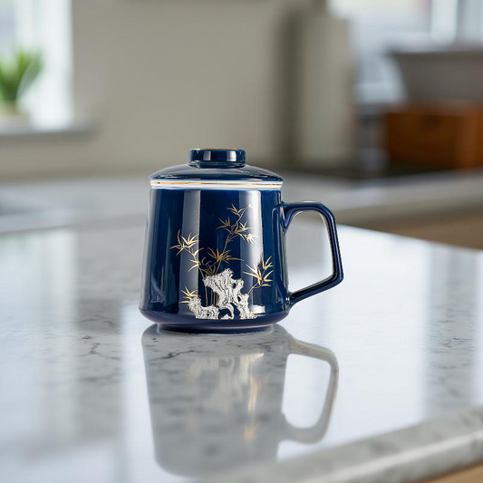 Blue ceramic mug with white animal design on a marble surface