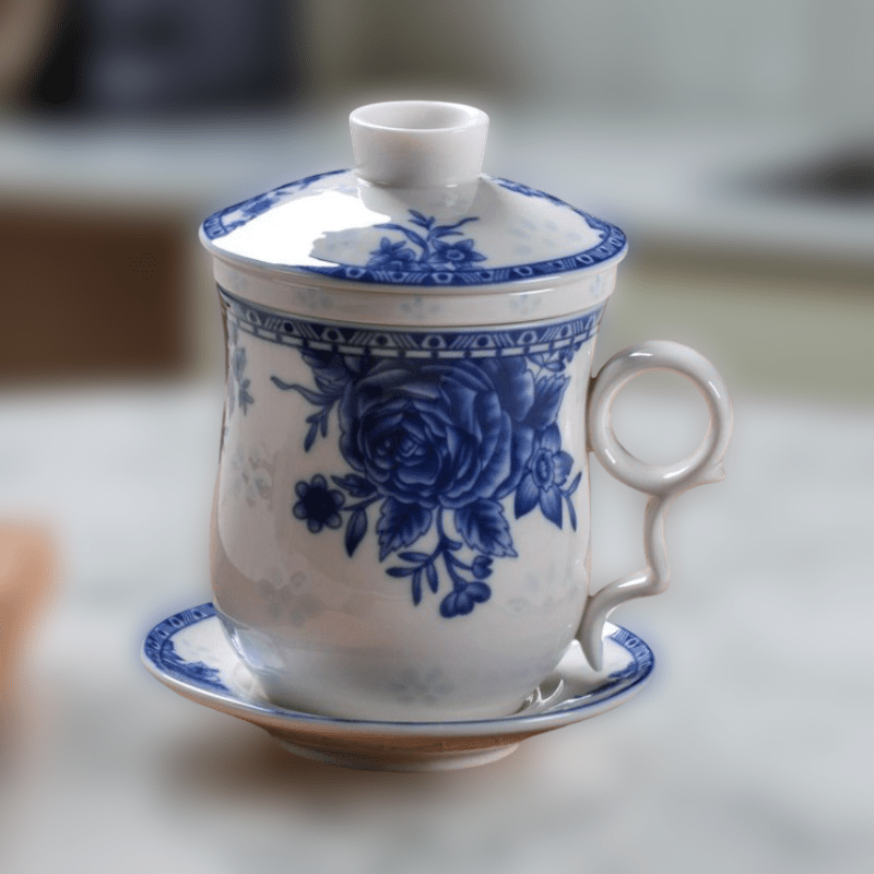 350ml Ceramic Chinese - style Tea Mug with Infuser, Lid & Saucer - Tea Cup - Tiger Lily Tea Co
