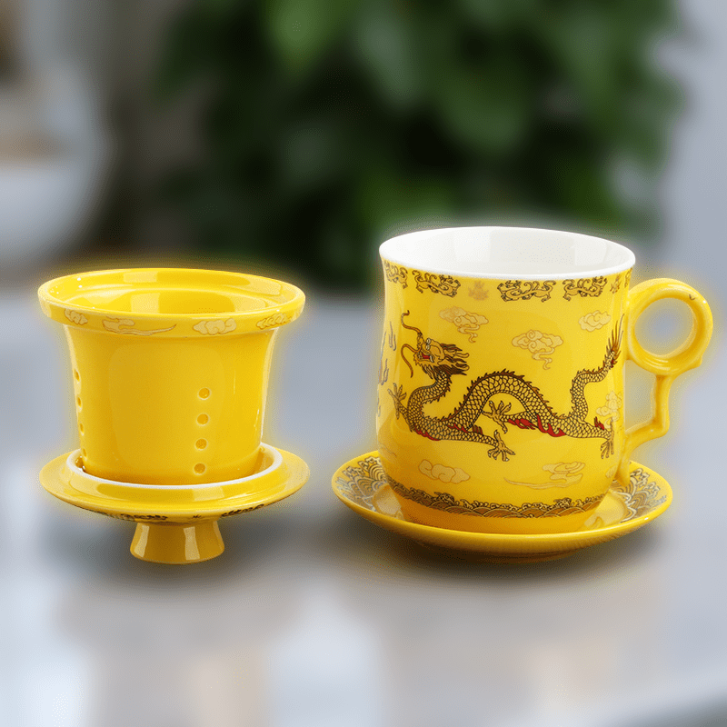 380ml Chinese dragon porcelain tea mug with lid, filter and saucer