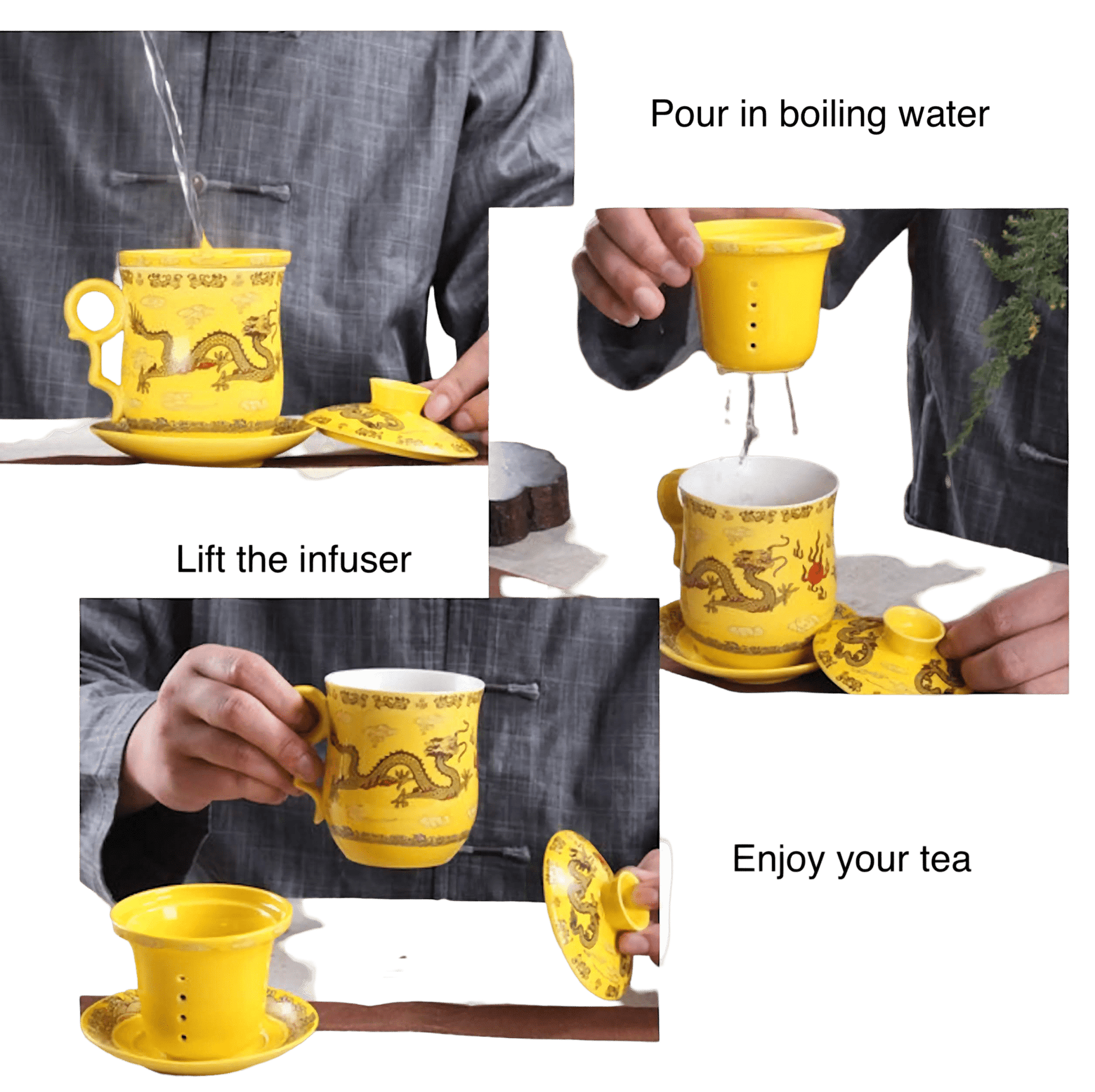 380ml Chinese Dragon Porcelain Tea Mug with Lid, Filter & Saucer - Tea Cup - Tiger Lily Tea Co
