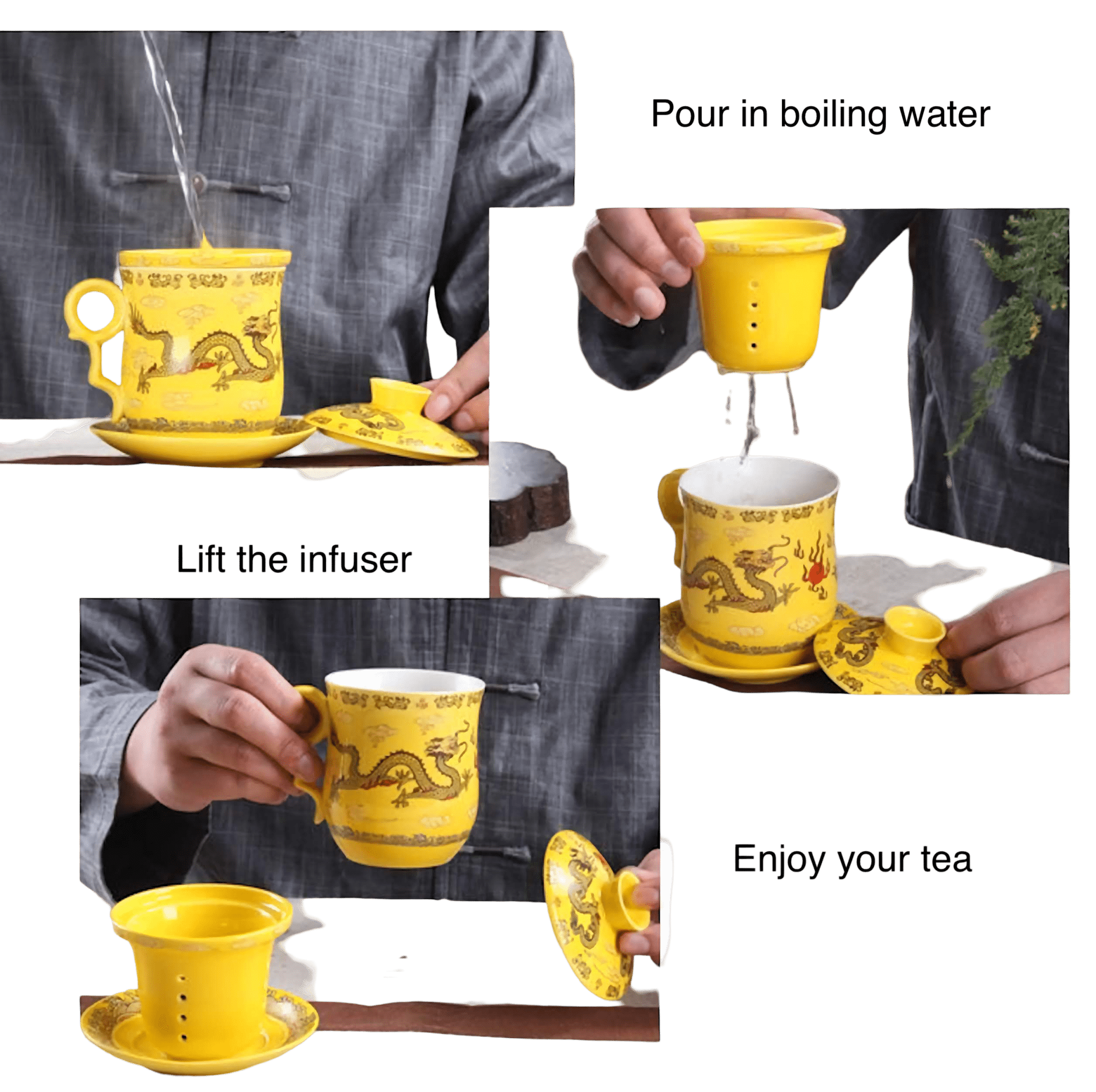 380ml Chinese Dragon Porcelain Tea Mug with Lid, Filter & Saucer - Tea Cup - Tiger Lily Tea Co