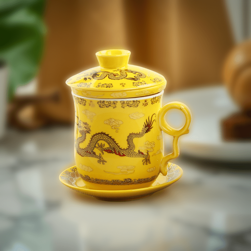 380ml Chinese Dragon Porcelain Tea Mug with Lid, Filter & Saucer - Tea Cup - Tiger Lily Tea Co