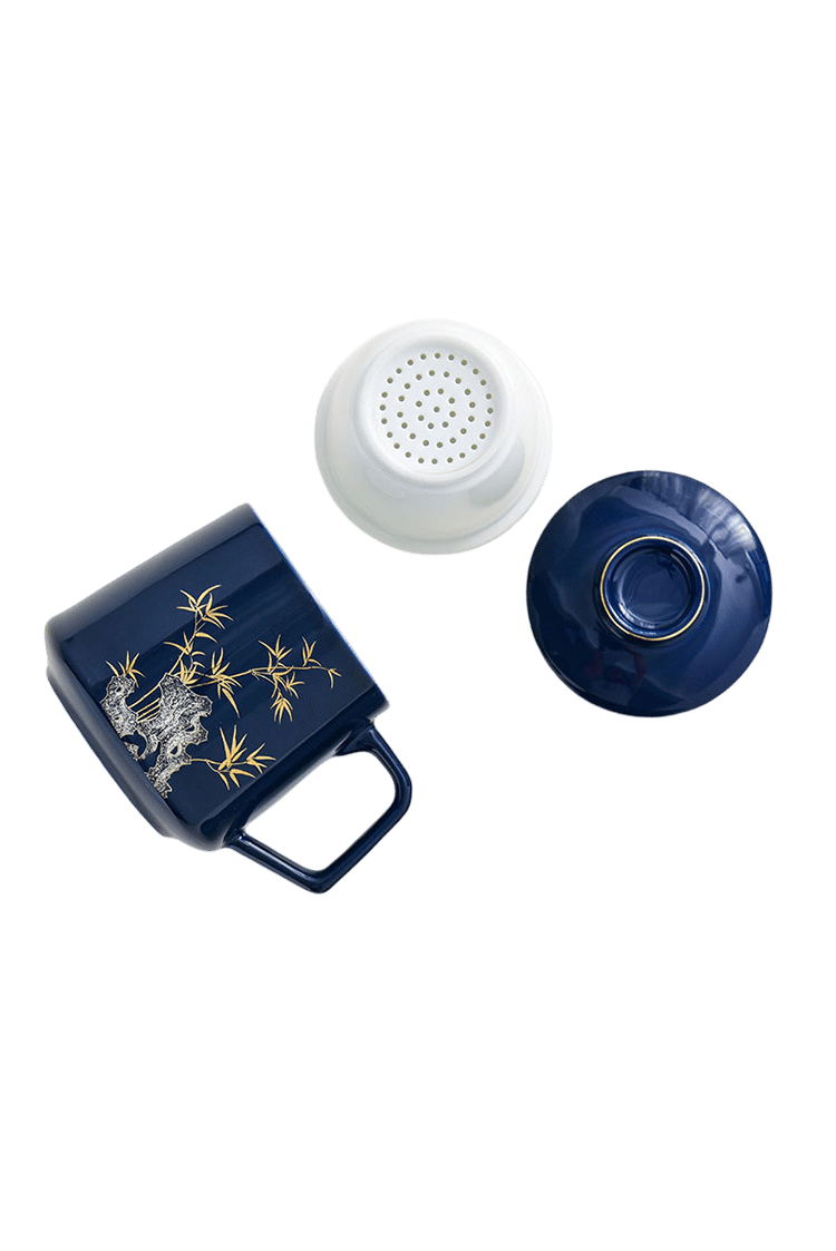 450ml Dark Blue Bamboo Ceramic Tea Cup with Infuser & Lid - Tea Cup - Tiger Lily Tea Co