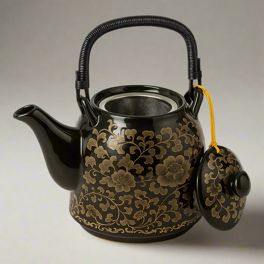 Black teapot with gold floral patterns on a white background