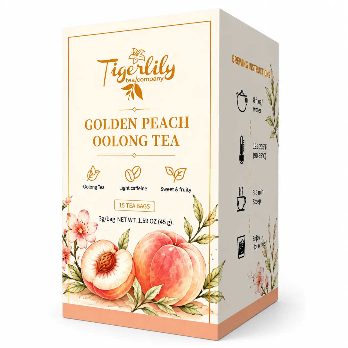A box of Tigerlily Tea Company Golden Peach Oolong Tea, featuring a cream-colored packaging design with peach illustrations and brewing instructions on the side.