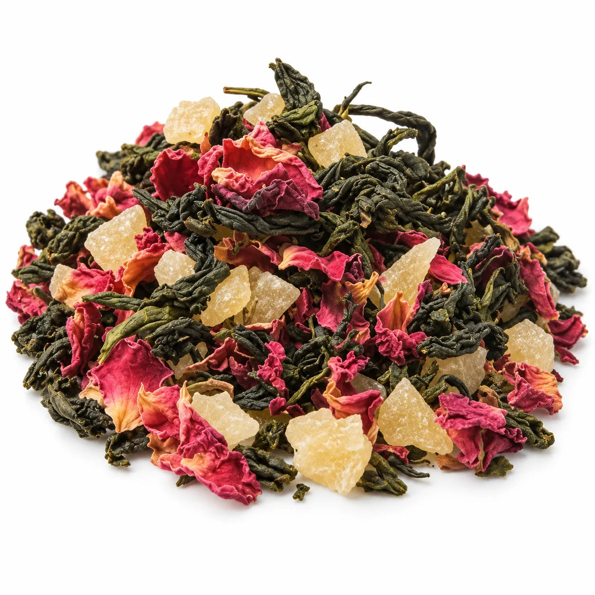 A pile of loose-leaf herbal tea featuring dark green tea leaves, dried pink rose petals, and translucent pale yellow sugar cubes, photographed on a solid white background.