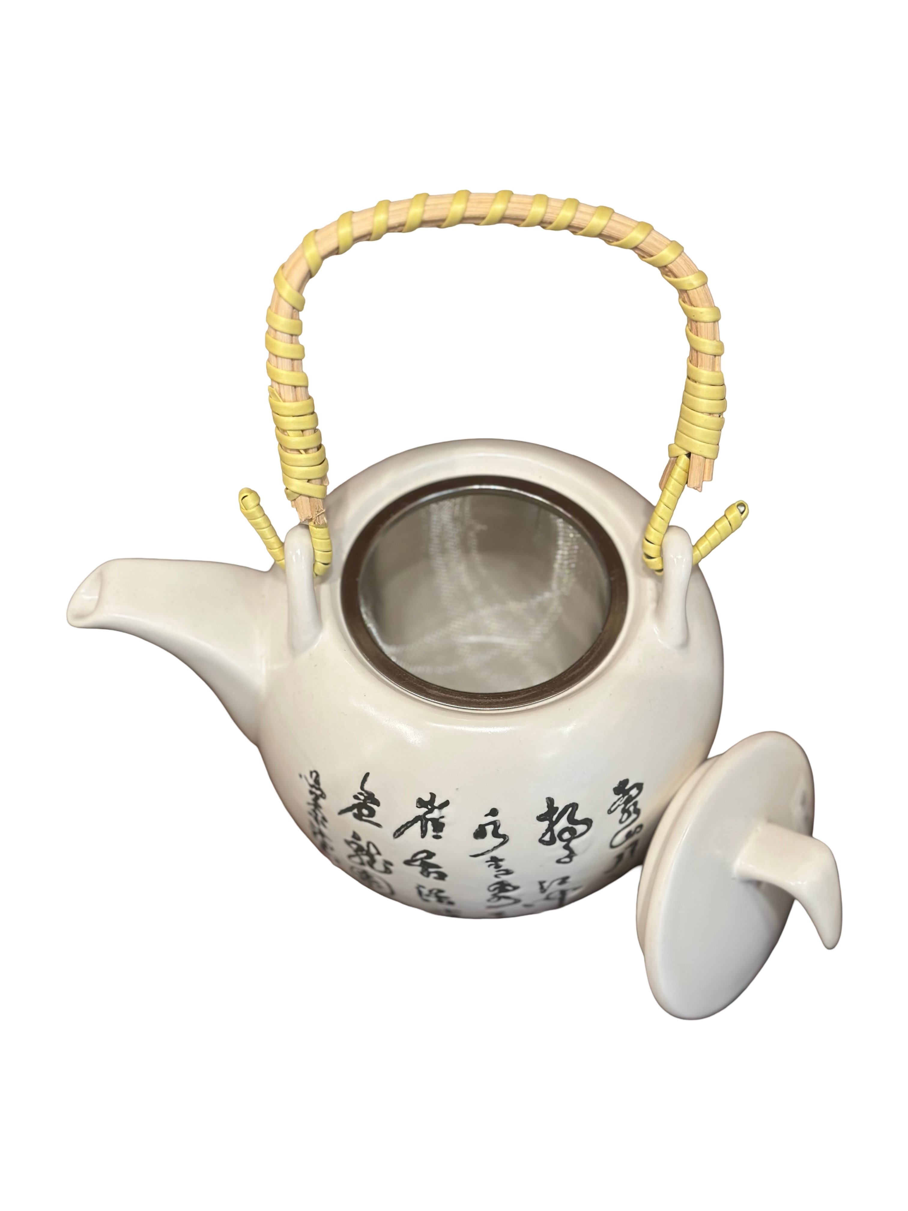 White ceramic teapot with a yellow handle on a white background