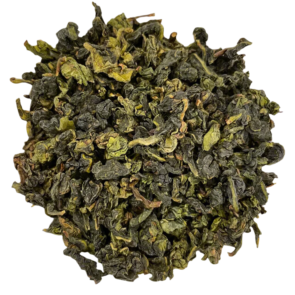 Dry green tea leaves on a white background