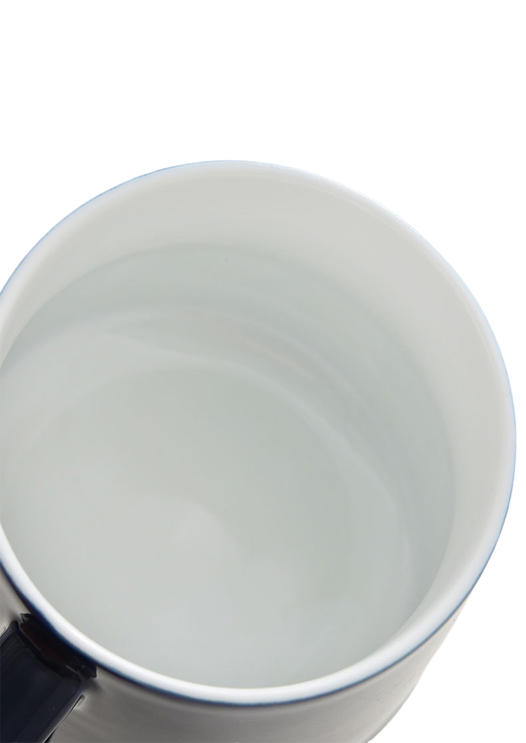 Close-up of a white mug with a blue rim on a white background