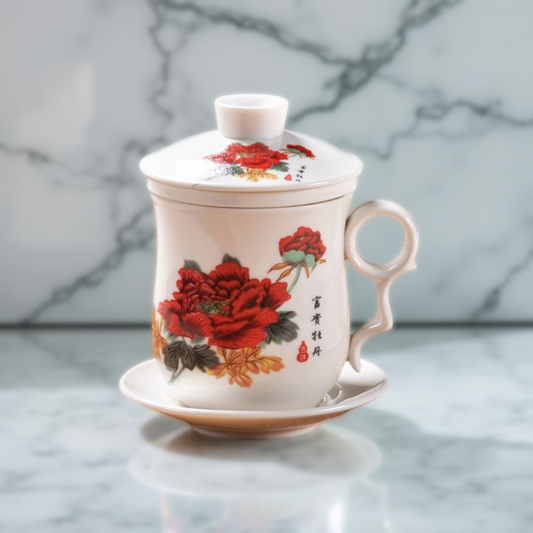 350ml Ceramic Red Peony Tea Mug with Infuser, Lid & Saucer
