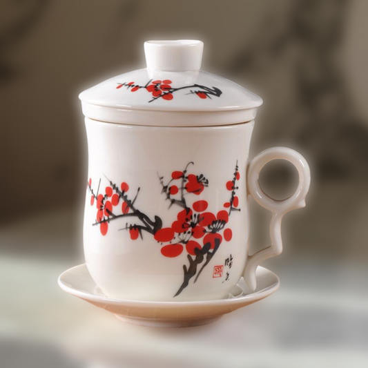White ceramic mug with red floral design on a blurred background