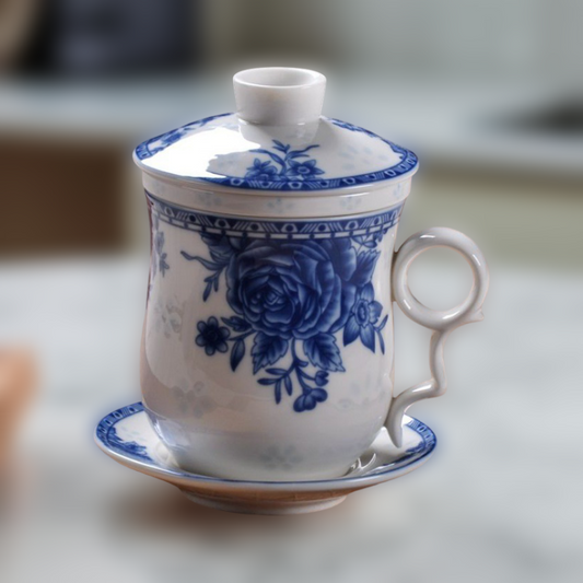 White ceramic mug with blue floral design on a light surface