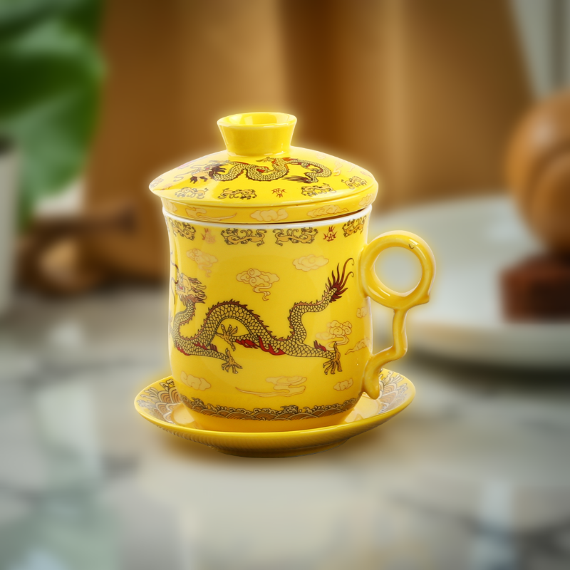 380ml Chinese Dragon Porcelain Tea Mug with Lid, Filter & Saucer