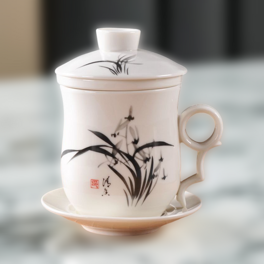 White ceramic mug with black floral design on a blurred background