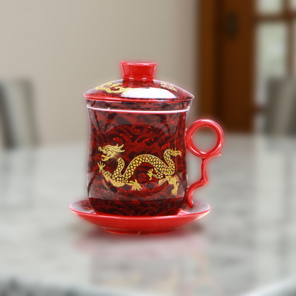 380ml Chinese Dragon Porcelain Tea Mug with Lid, Filter & Saucer