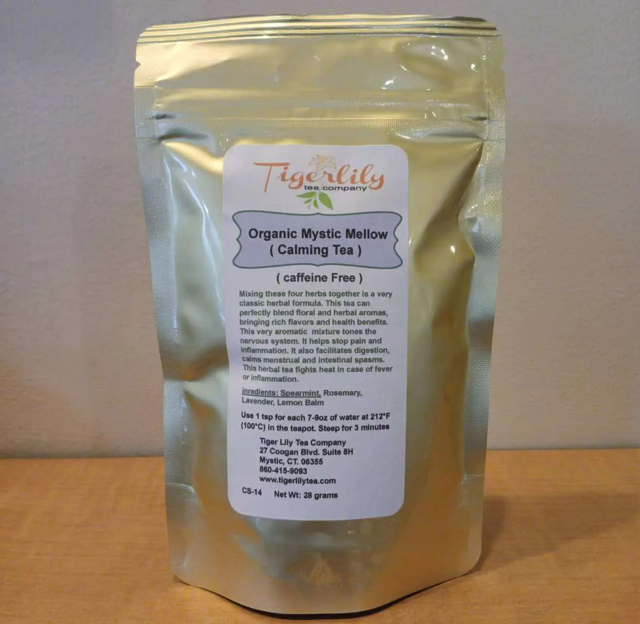 Organic Mystic Mellow loose leaf herbal blend of spearmint, rosemary, lavender, and lemon balm