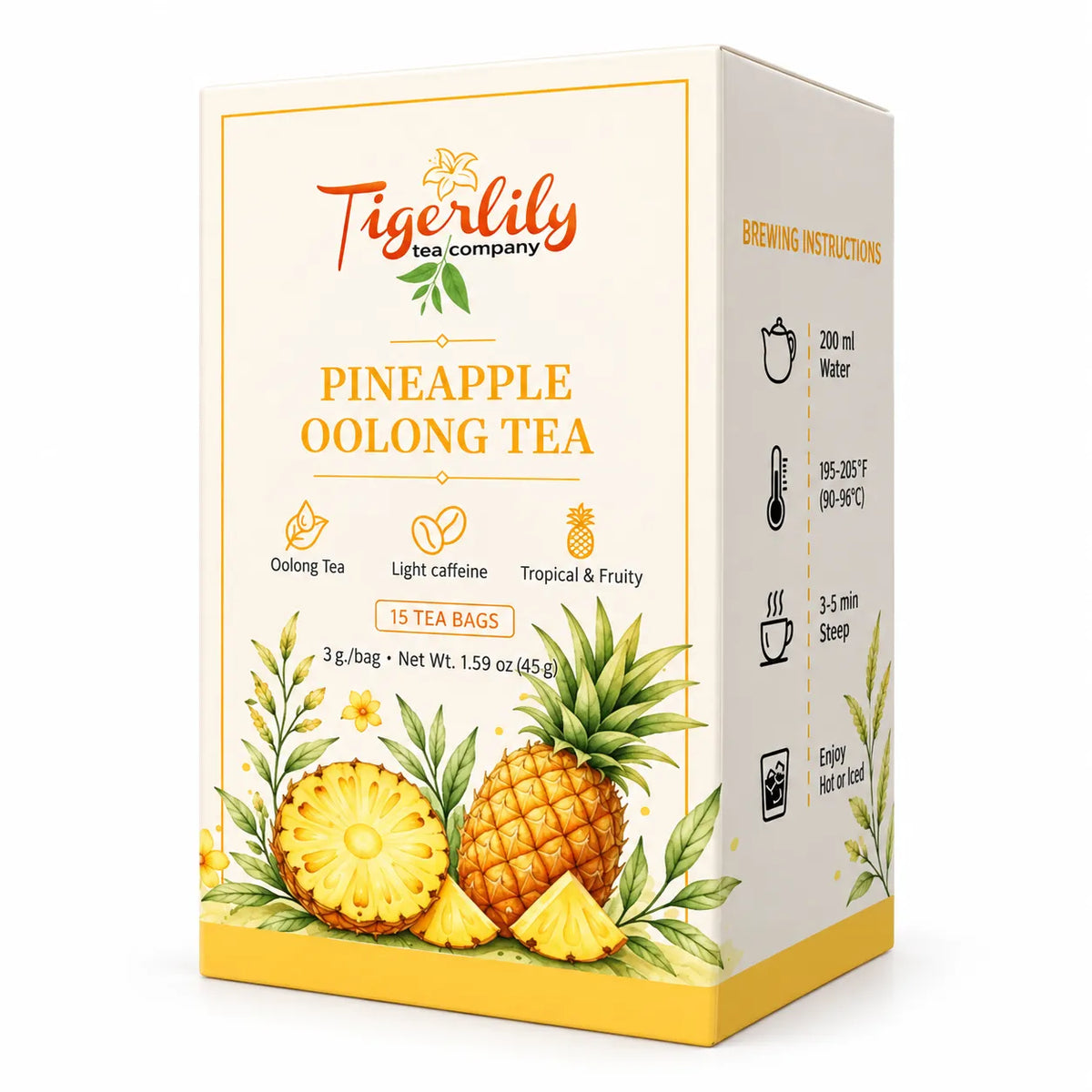 A box of Tigerlily Tea Company Pineapple Oolong Tea, featuring a cream-colored packaging design with yellow accents, watercolor illustrations of pineapples and green leaves, and brewing instructions printed on the side panel.