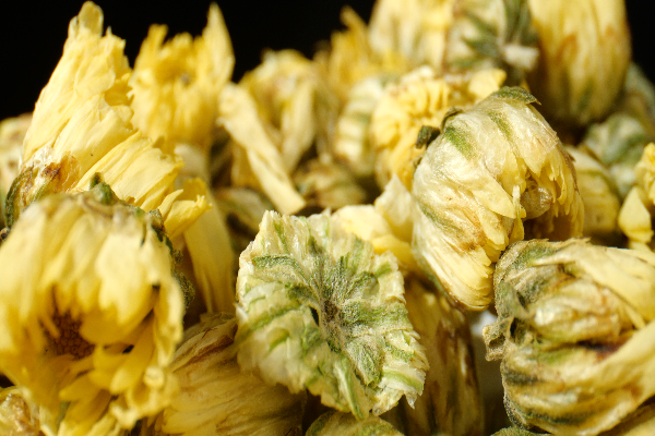 Close-up of dried yellow flowers with green centers on a black background