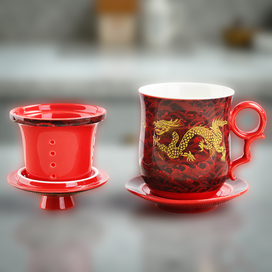 380ml Chinese Dragon Porcelain Tea Mug with Lid, Filter & Saucer