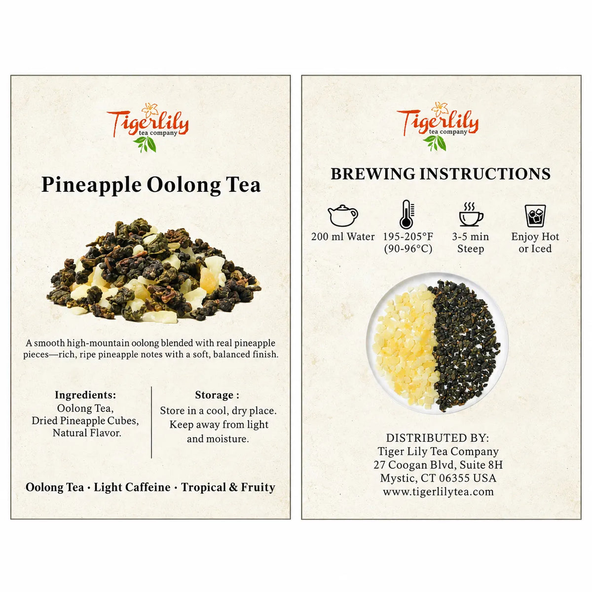 Two informational tea packaging panels on a white background. The left panel shows the product name Pineapple Oolong Tea with a photo of loose tea pieces and ingredient/storage text.