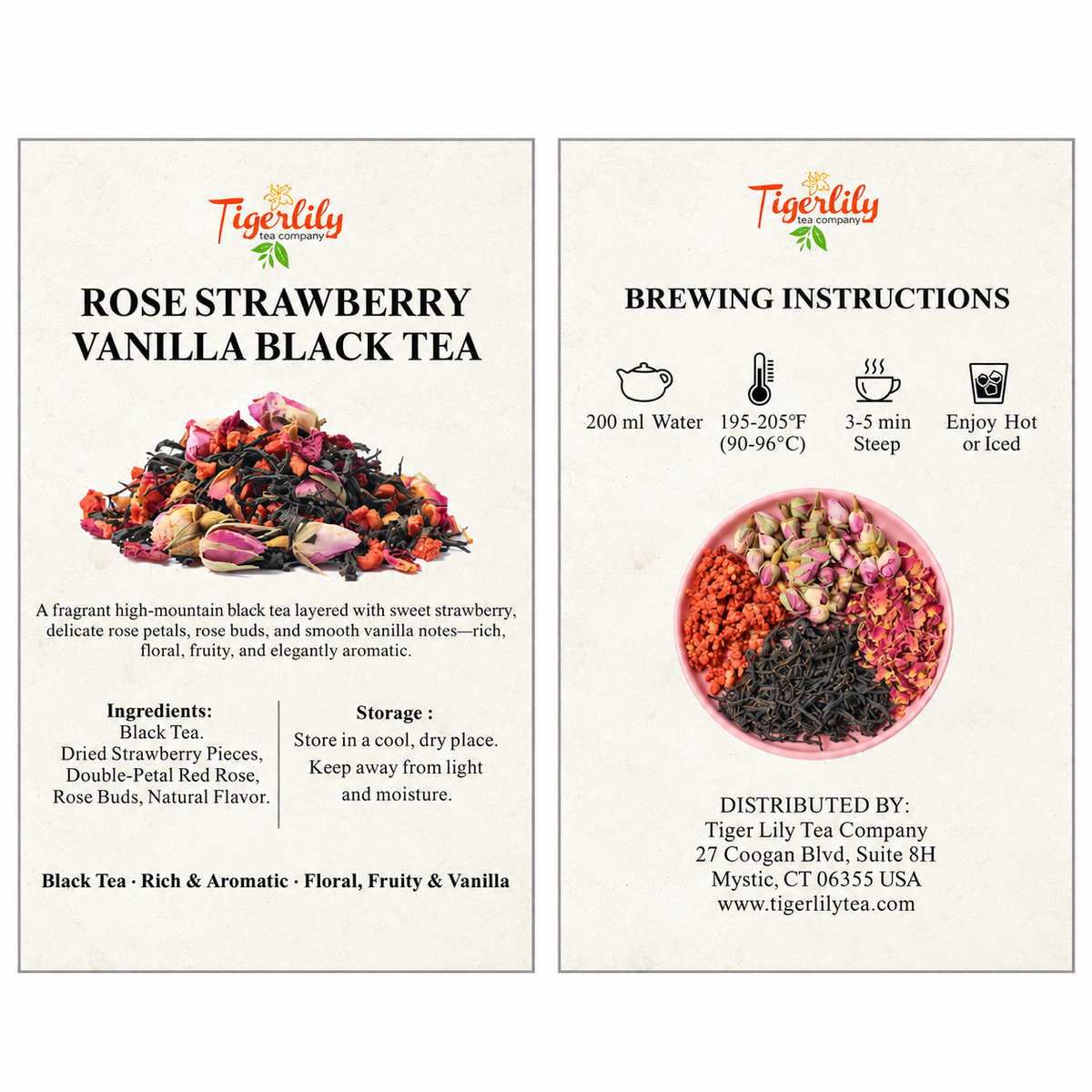 Two vertical product information panels for Tigerlily Rose Strawberry Vanilla Black Tea. The left panel shows the tea blend with dried strawberries and black tea leaves, along with flavor and ingredient descriptions.