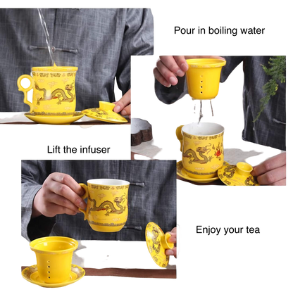 380ml Chinese Dragon Porcelain Tea Mug with Lid, Filter & Saucer
