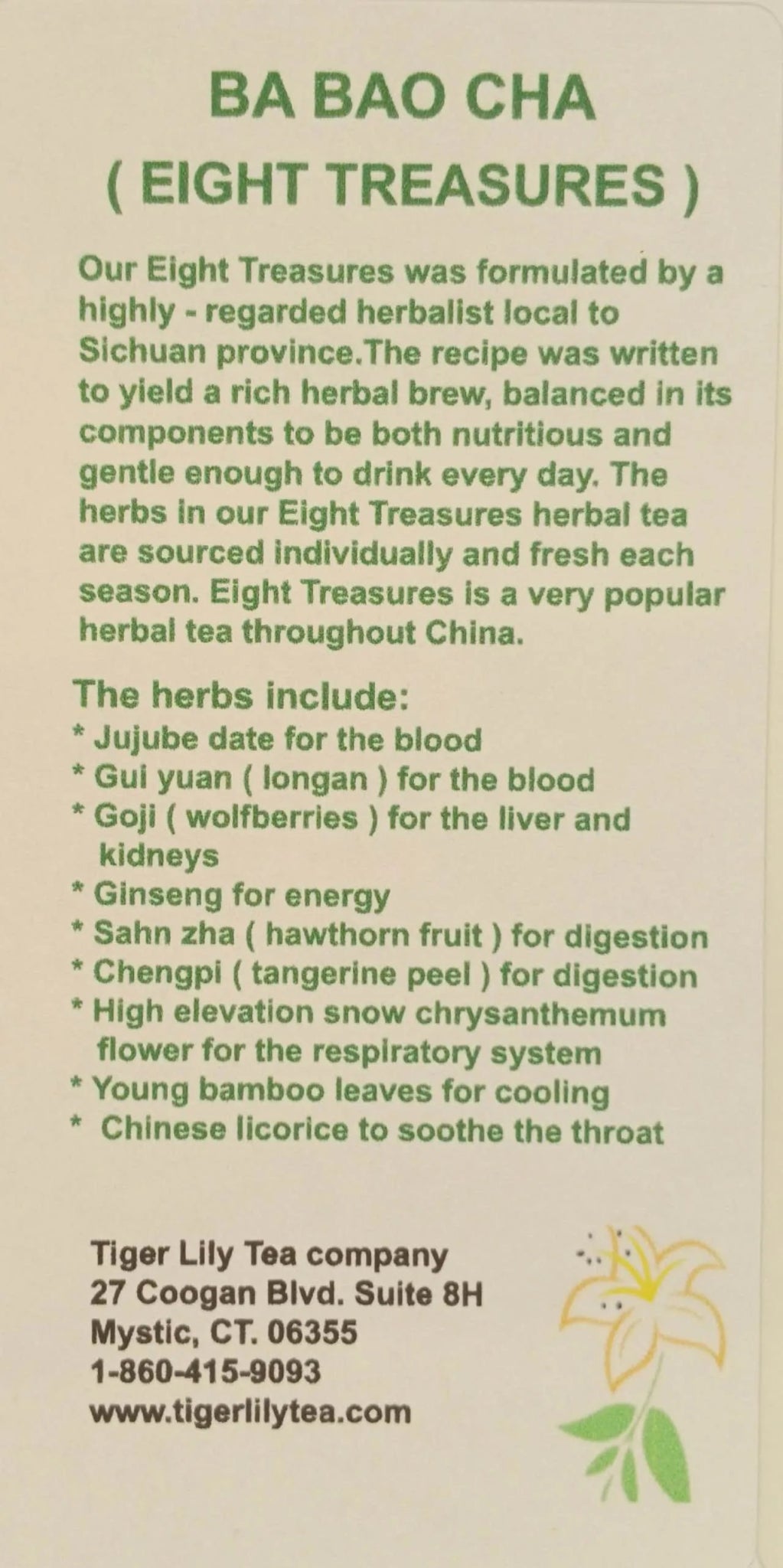 Eight Treasures (Ba Bao Cha) Caffeine Free Herbal Tea - Herbal - Tiger Lily Tea Co