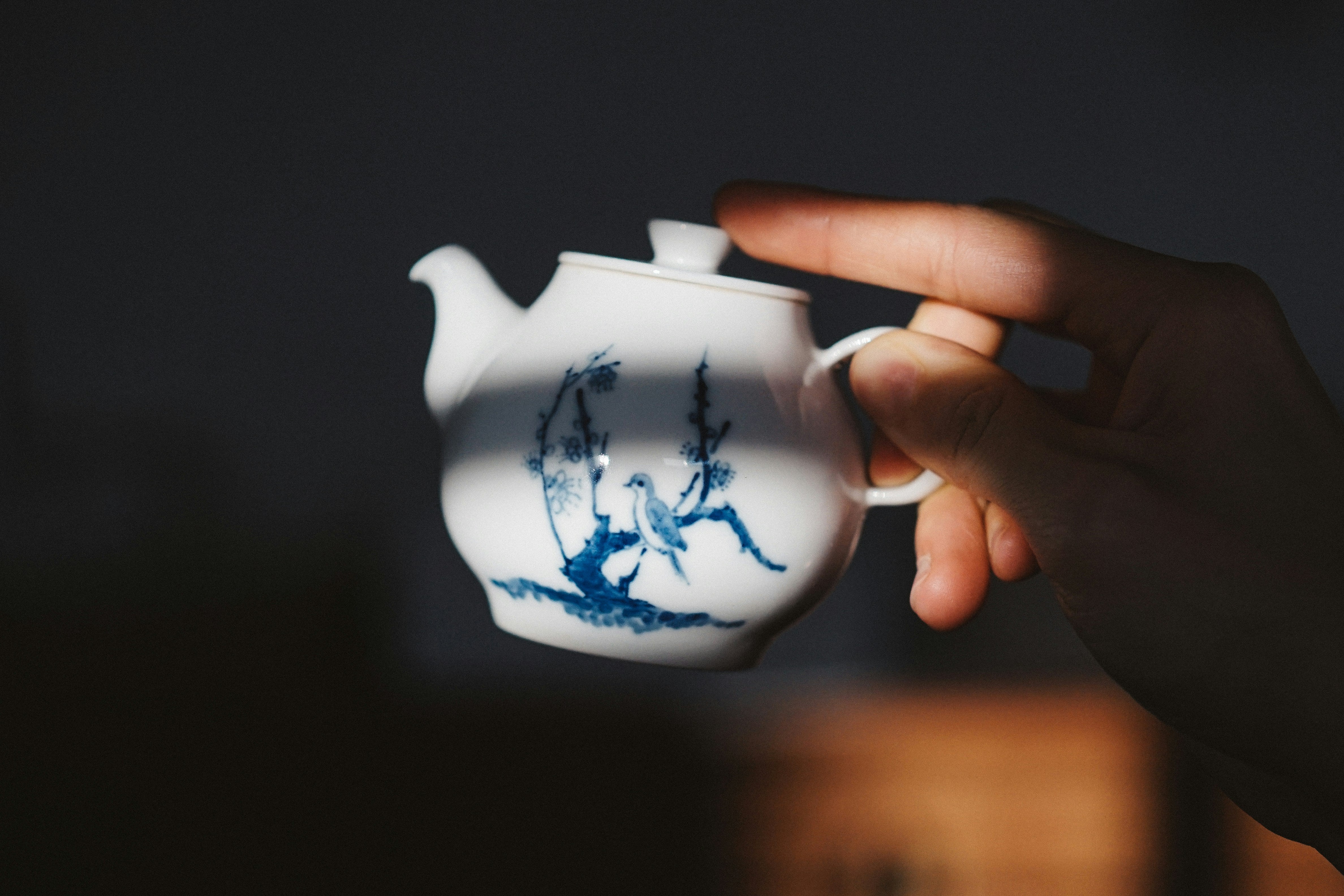 Elegant white and blue ceramic gaiwan held by hand – Tigerlily Tea teaware