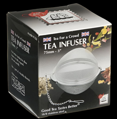 Tea infuser packaging with branding and product details on a white background