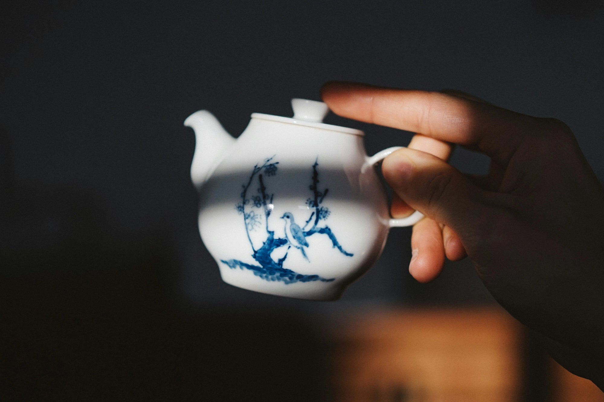 Hand holding a white teapot with blue designs against a dark background