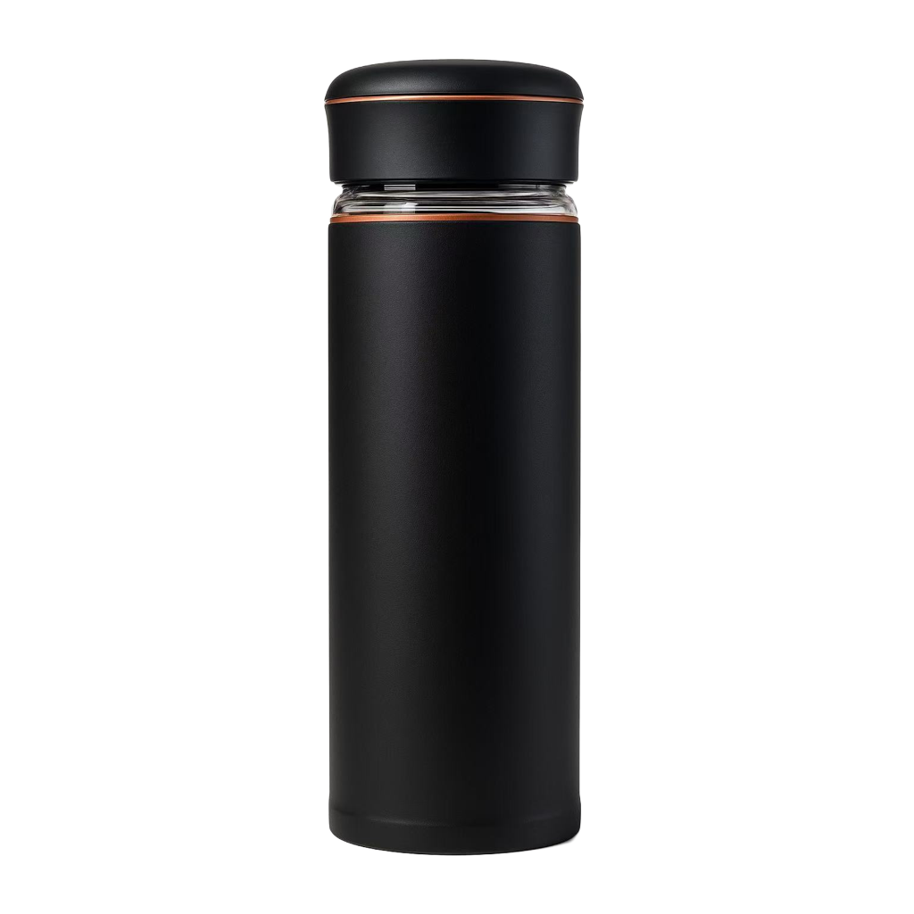 Black insulated bottle with copper accent on a white background